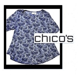 Chico's 3 Women's Top Blue & White Floral Short Sleeves - Round Neck - Stretch